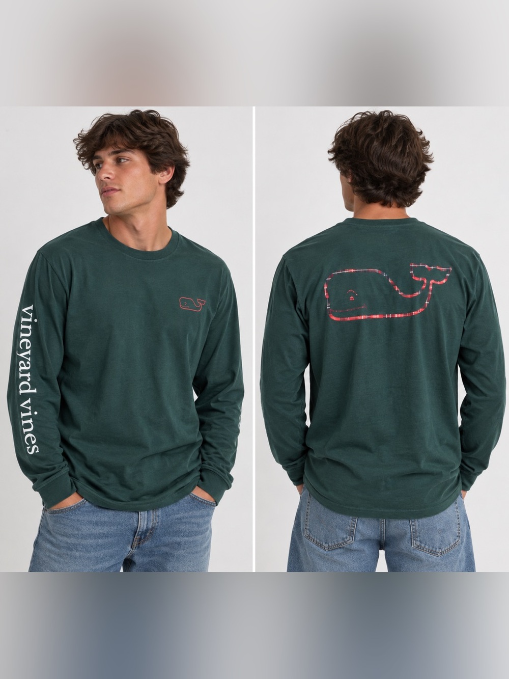 Vineyard Vines Men’s Large Dark Green Long Sleeve Whale Logo Tee Plaid